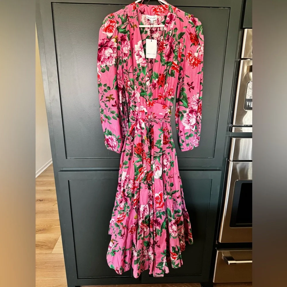 Gibson Latimer NWT Pink Floral Wrap Midi Dress Tiered Romantic Size Large 🌸 - Picture 4 of 8